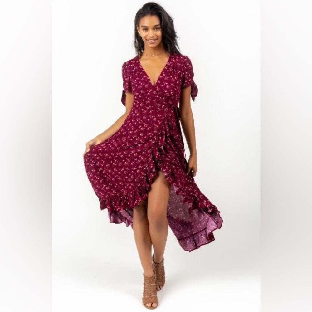Pre-Loved Francesca's Chloe Wrap Dress in Floral Wine with Ruffled Detail